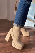 Lestina Beige Stretch Faux Leather Women's Boots