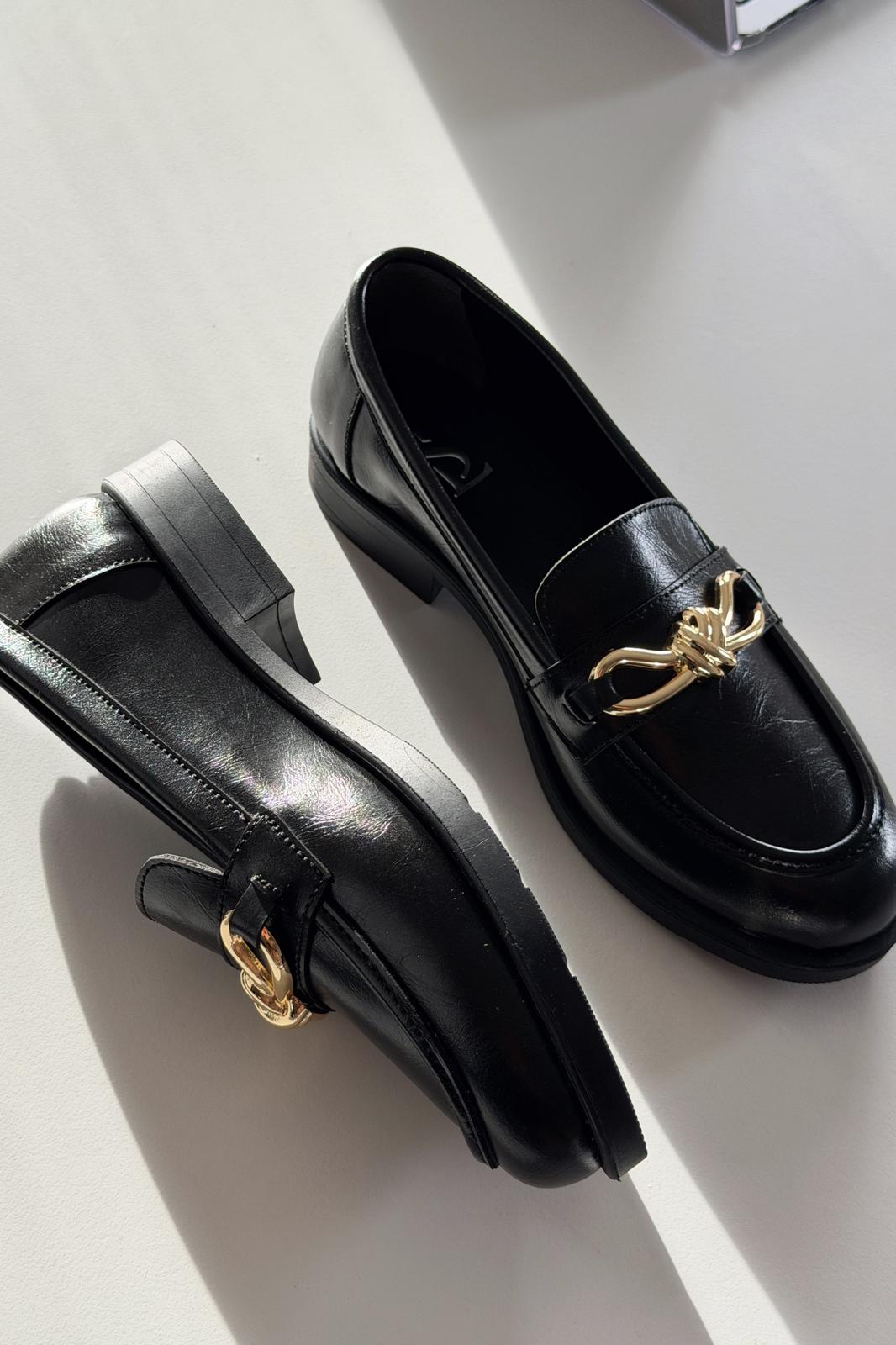 Norel Black Faux Leather Bow Detail Women's Loafers