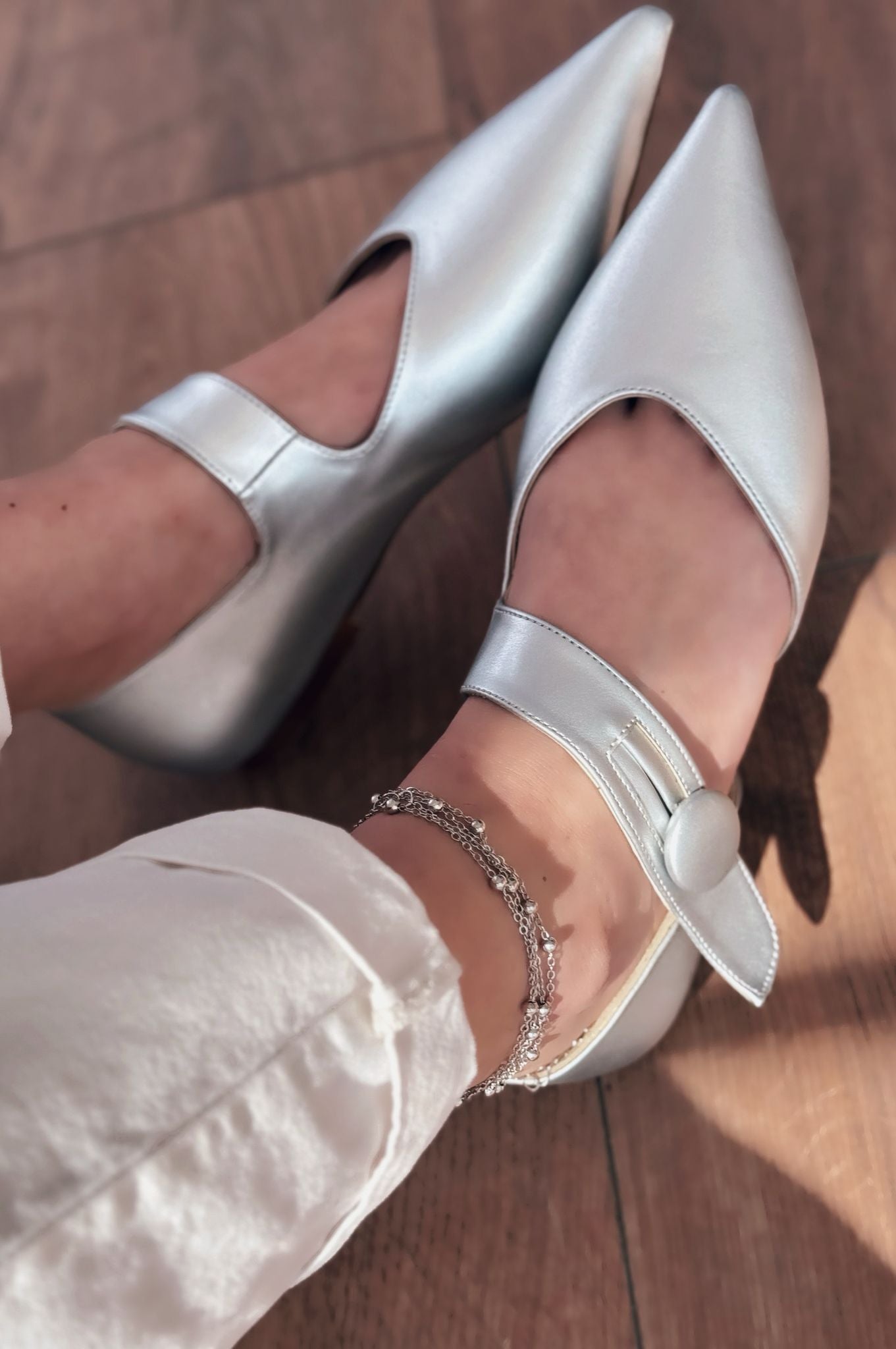 Peronsa Silver Faux Leather Button Detail Women's Flats