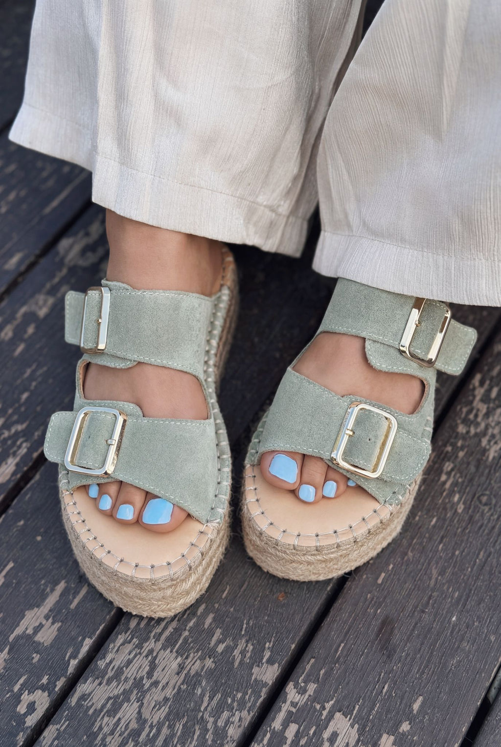 Serinel Green Genuine Suede Women's Wedge Heel Mules