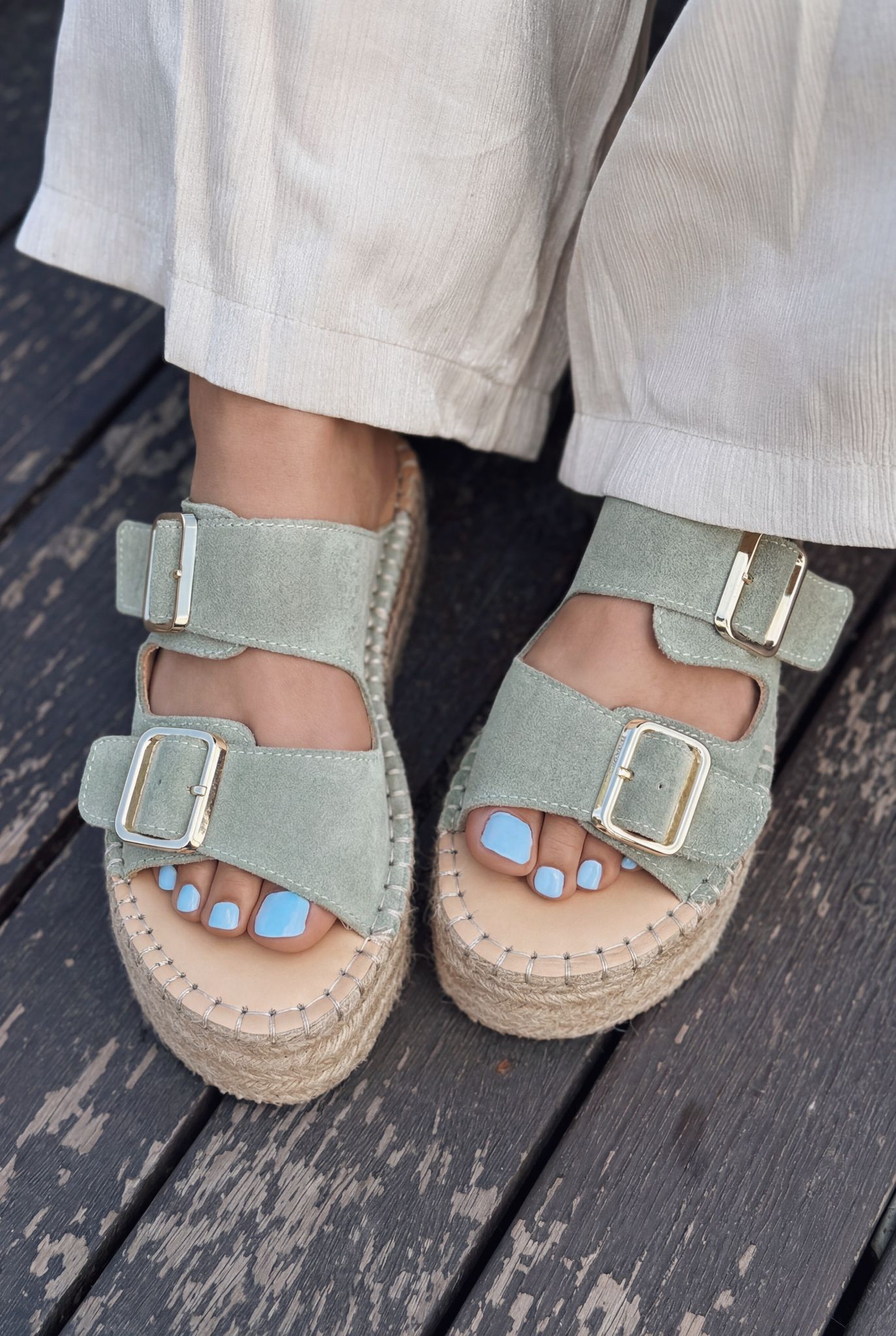 Serinel Green Genuine Suede Women's Wedge Heel Mules
