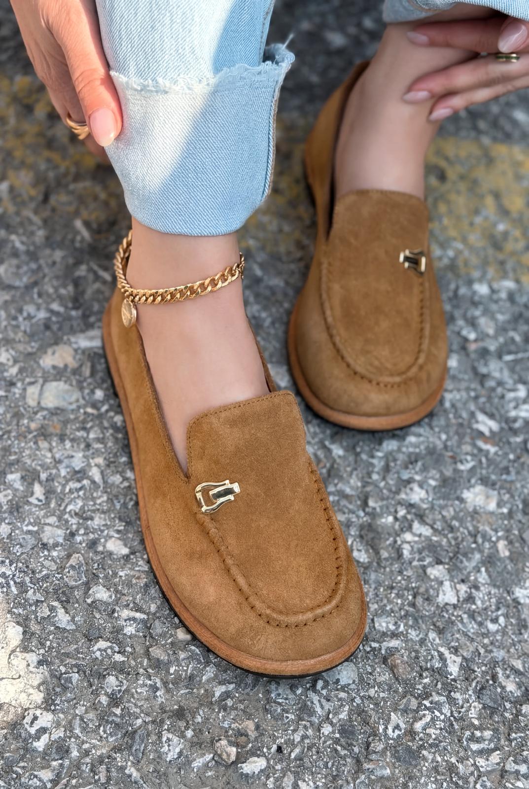 Rasen Tan Genuine Suede Women's Loafers
