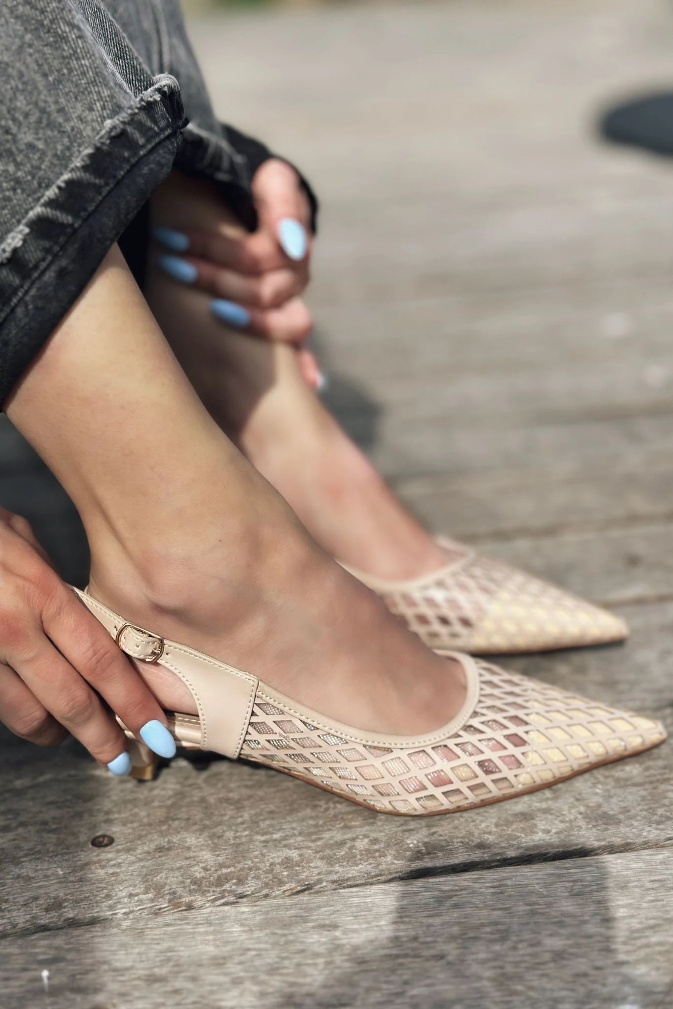 Talin Nude Faux Leather Mesh Detail Women's Low Heel Stilettos
