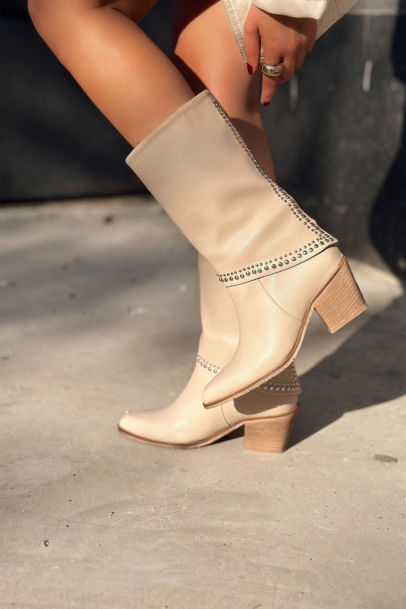 Madoks Beige Faux Leather Studded Women's Boots