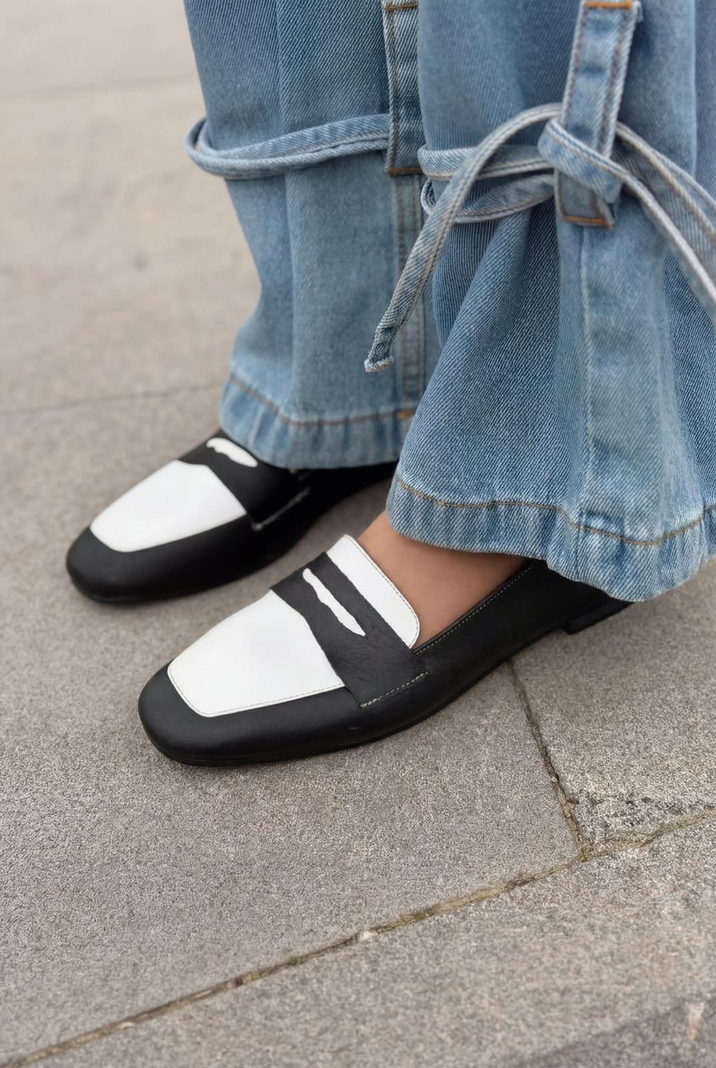 Melniel Black White Genuine Leather Women's Loafers