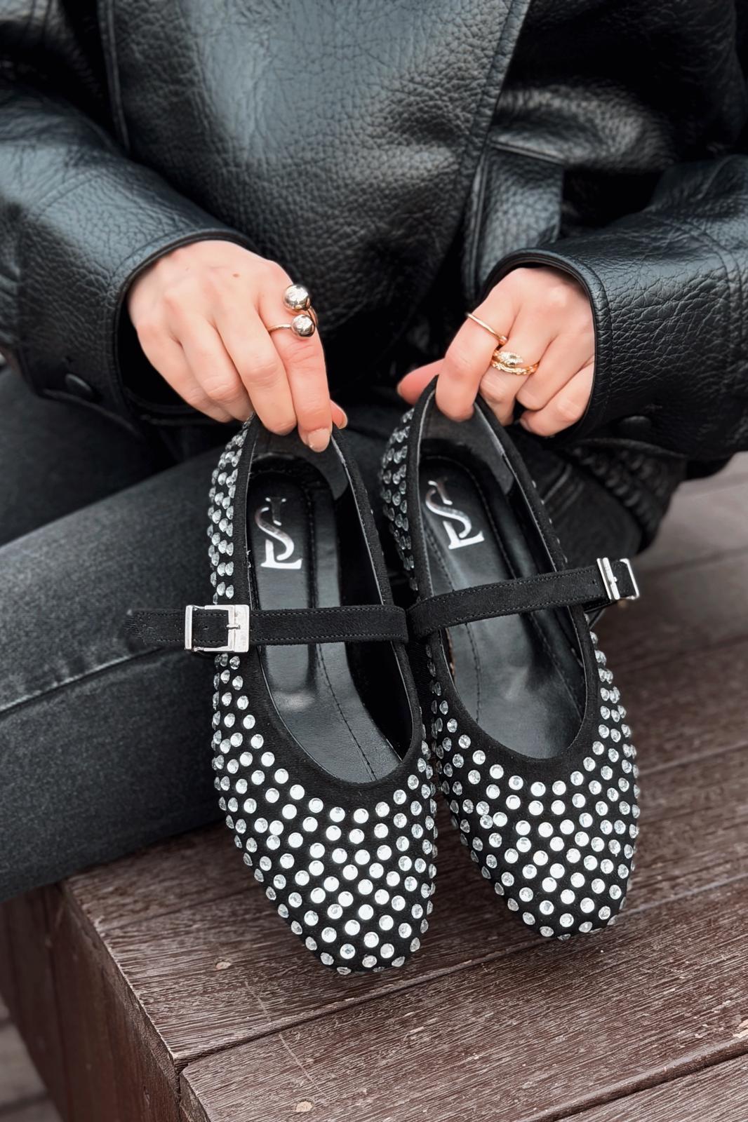 Orion Black Suede Gray Stone Detail Women's Flats