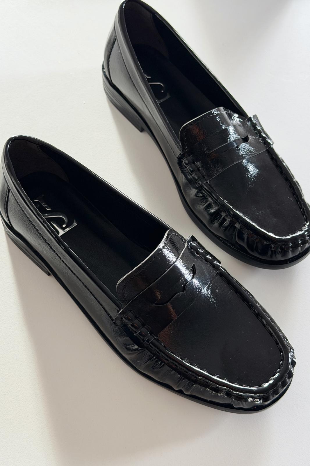 Marcel Black Crinkled Patent Faux Leather Women's Loafers