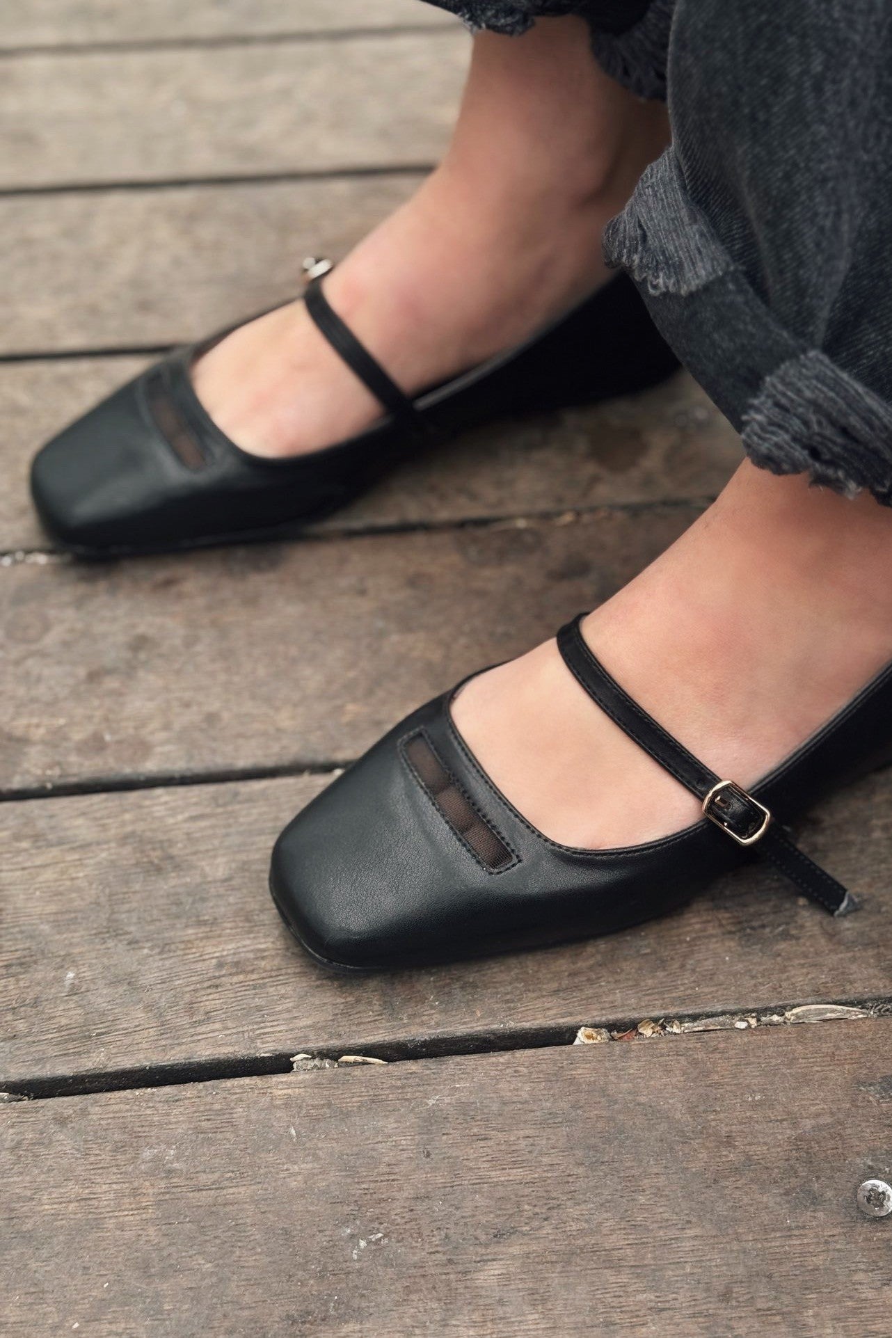 Lufora Black Faux Leather Buckle Women's Flats