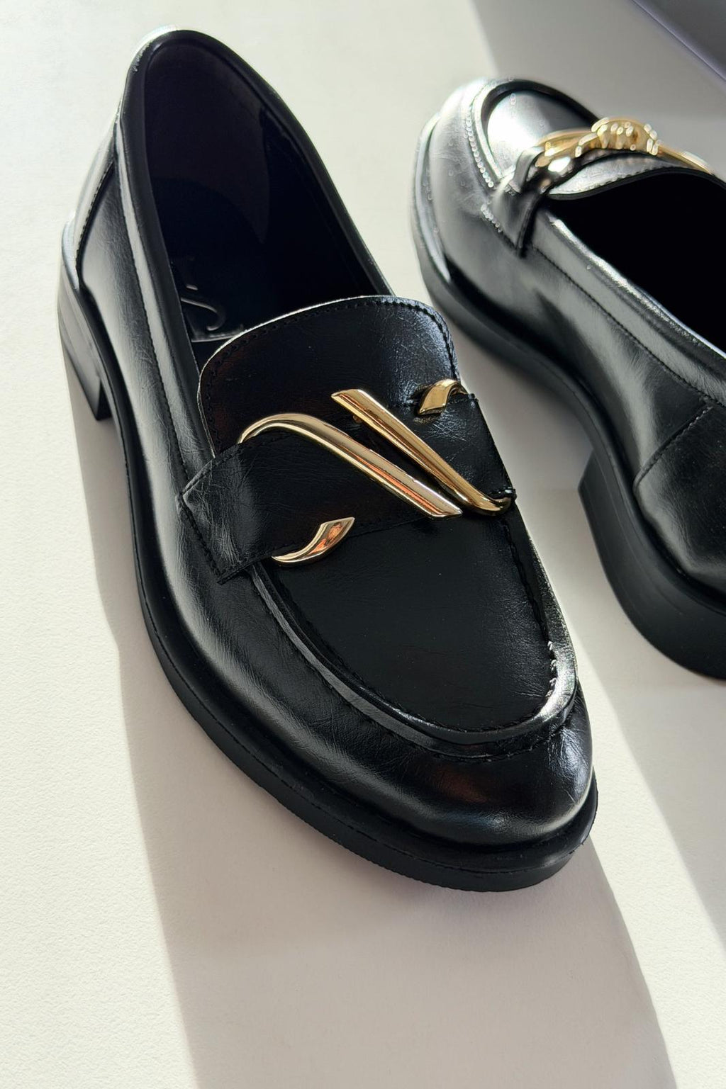 Vantor Black Faux Leather Buckle Detail Women's Loafers