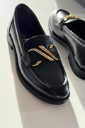 Vantor Black Faux Leather Buckle Detail Women's Loafers
