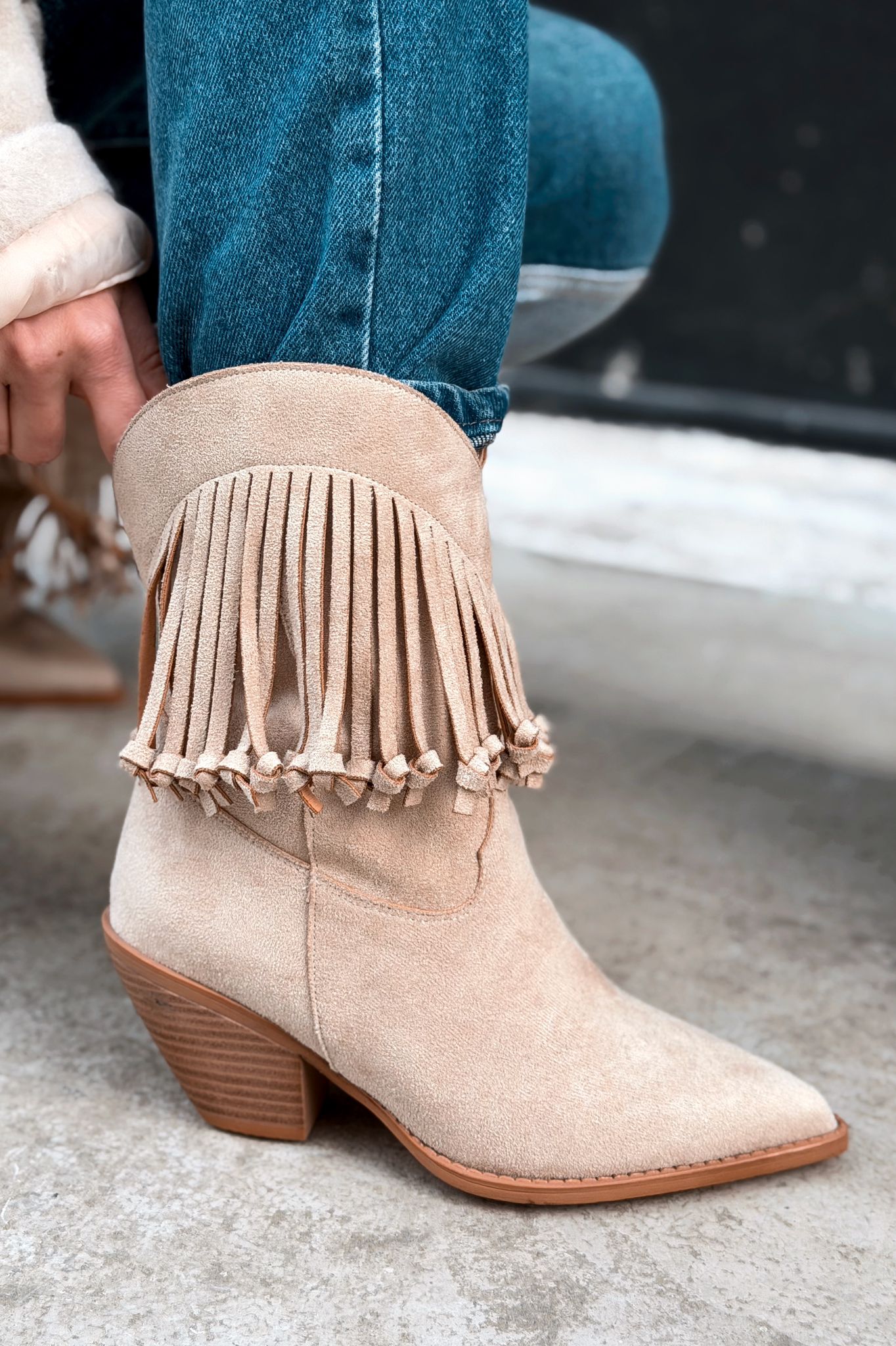 Iserne Beige Suede Fringe Women's Cowboy Boots