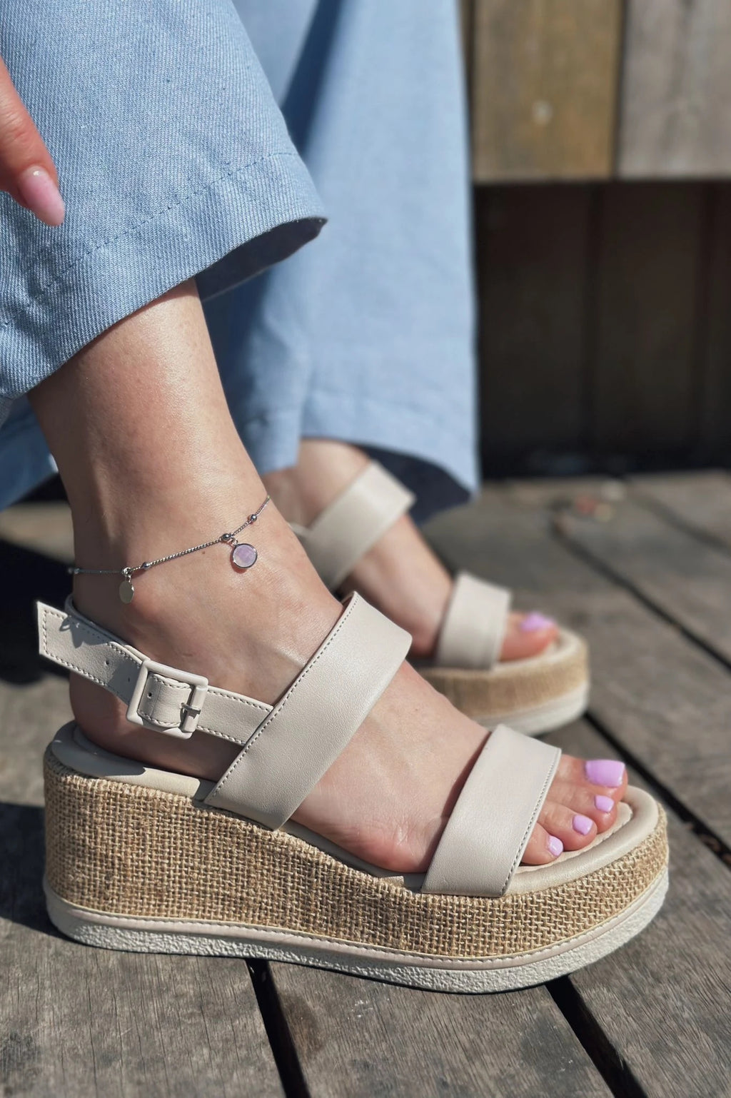 Santes Beige Faux Leather Wedge Heel Women's Sandals