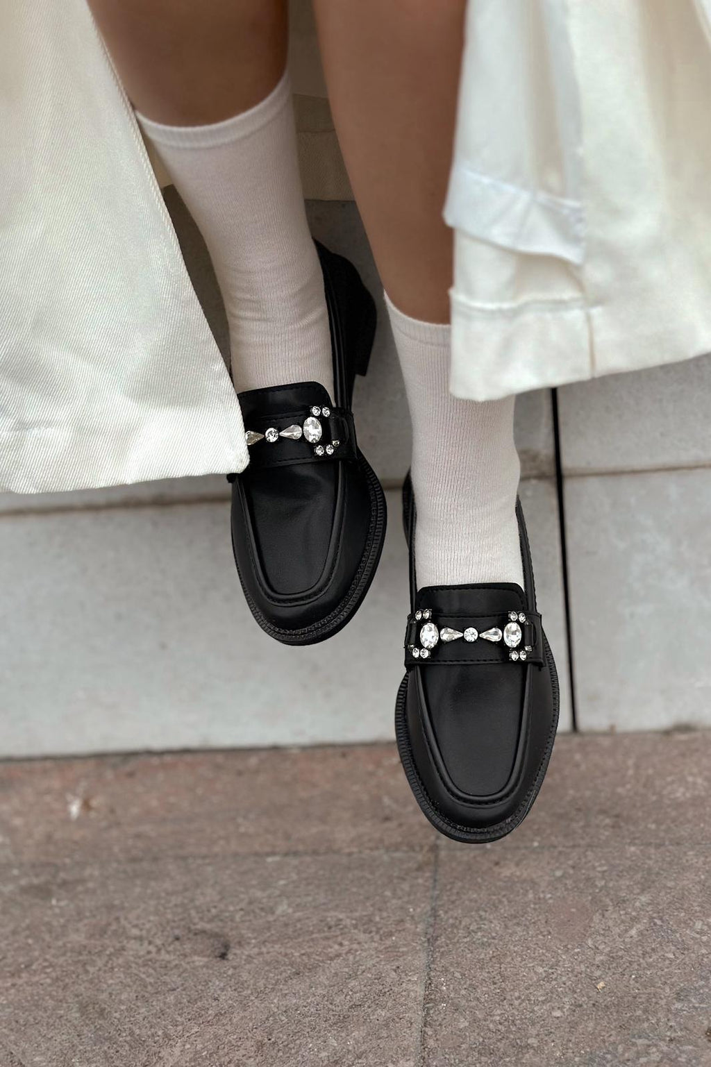 Vitelo Black Faux Leather Crystal Detail Women's Loafer