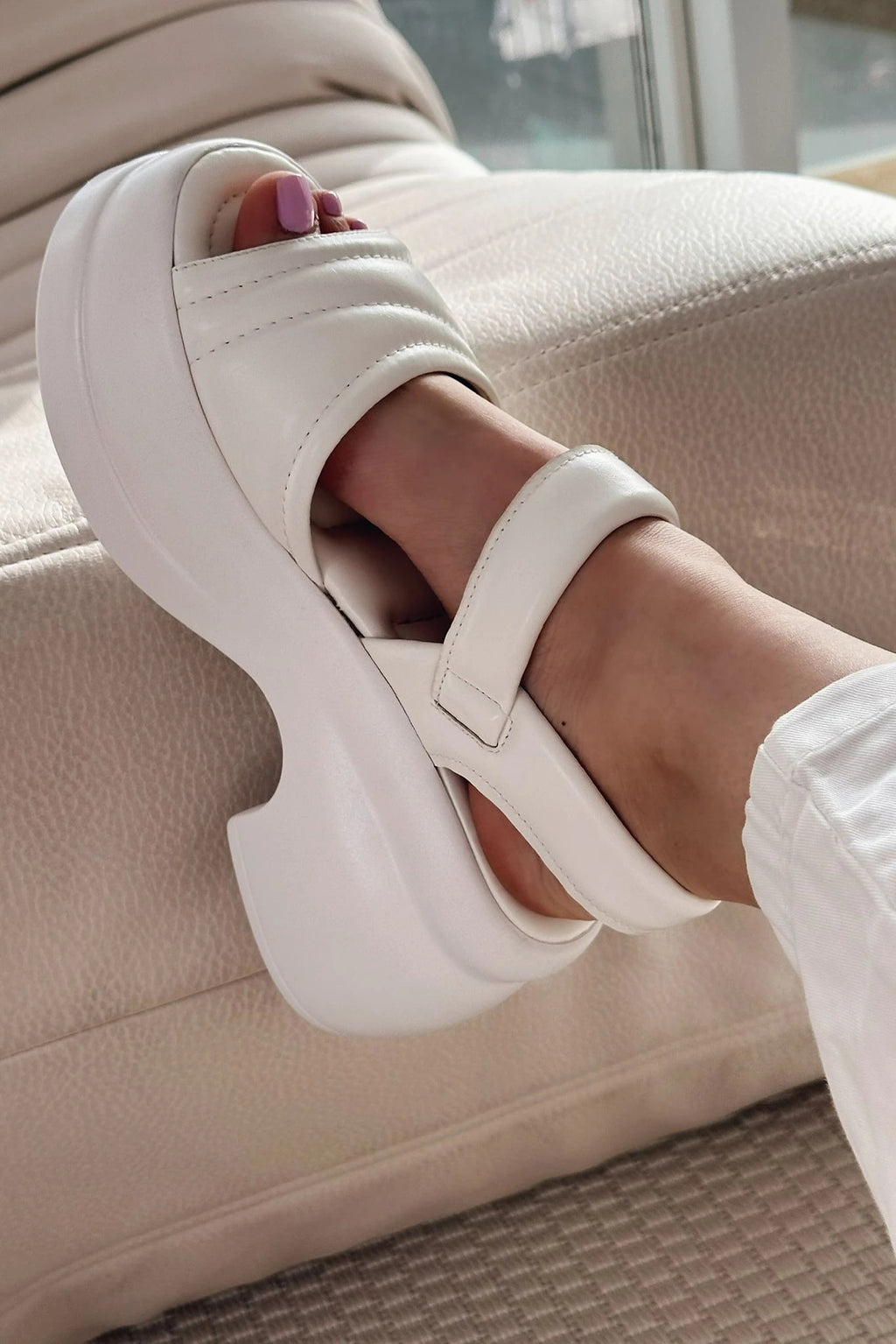 Pofins White Faux Leather Women's Sandals