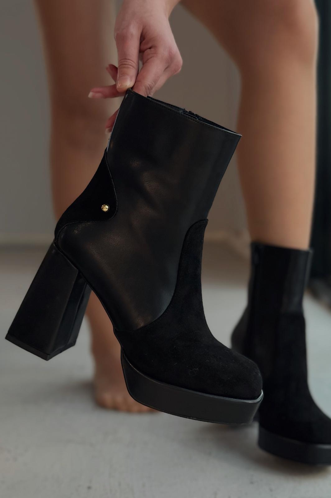 Olexsa Black Faux Leather High Heel Women's Boots