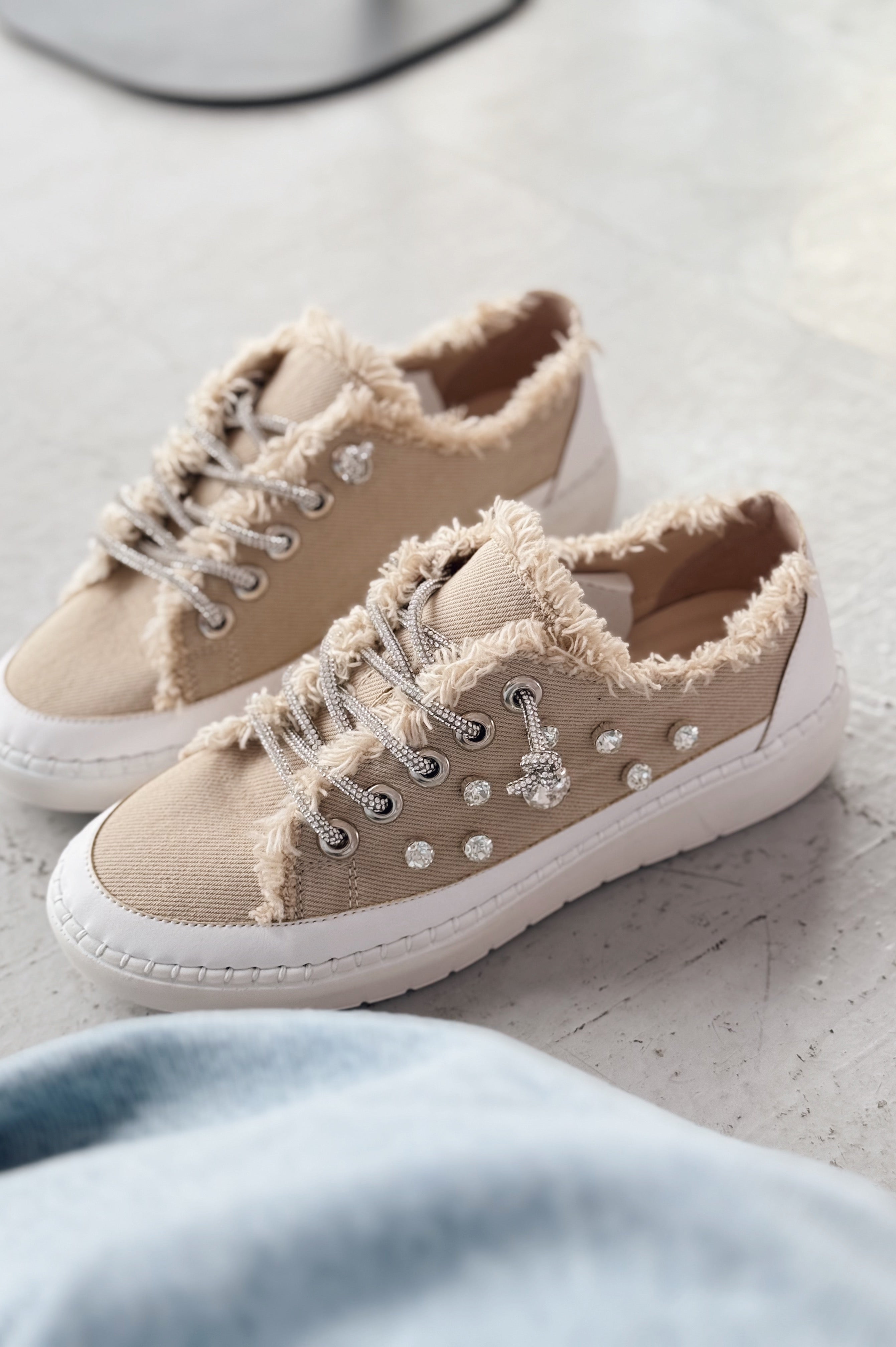 Monove Beige Jean Stone-Detailed Women's Sneakers