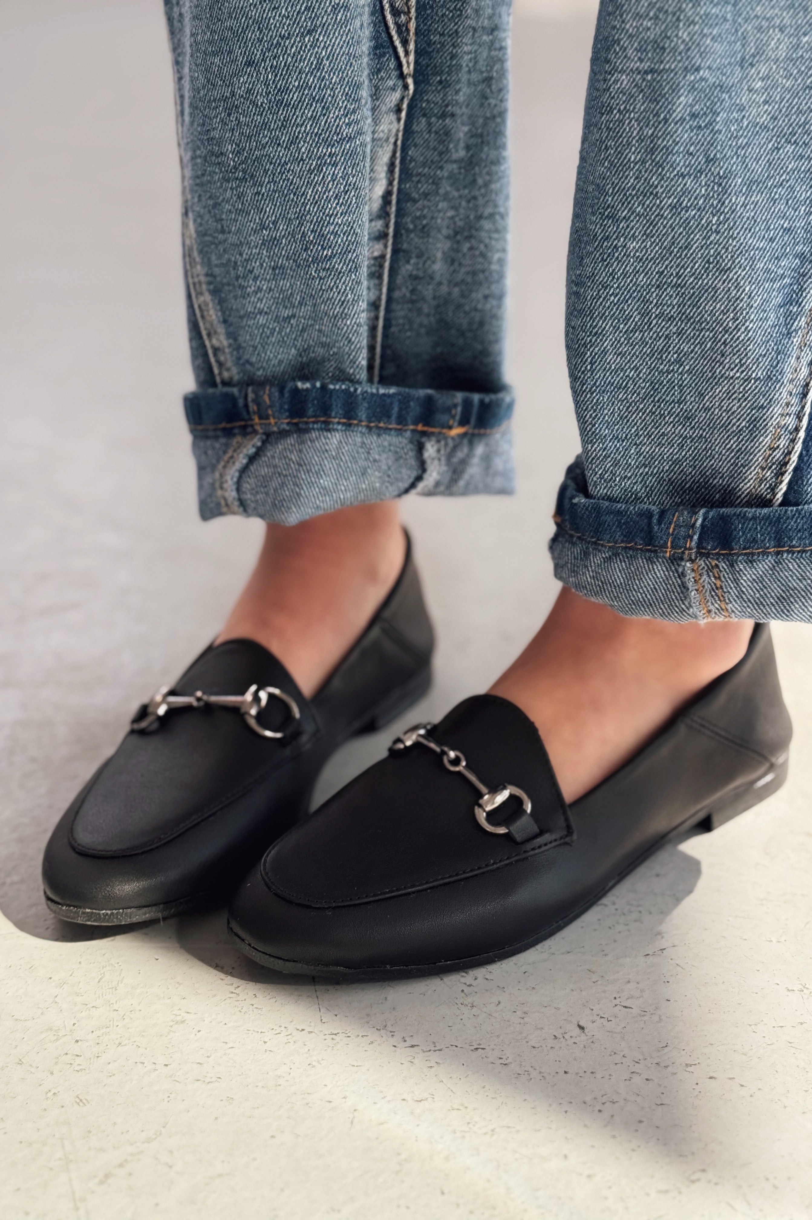 Palvora Black Genuine Leather Buckle Detail Women's Loafers
