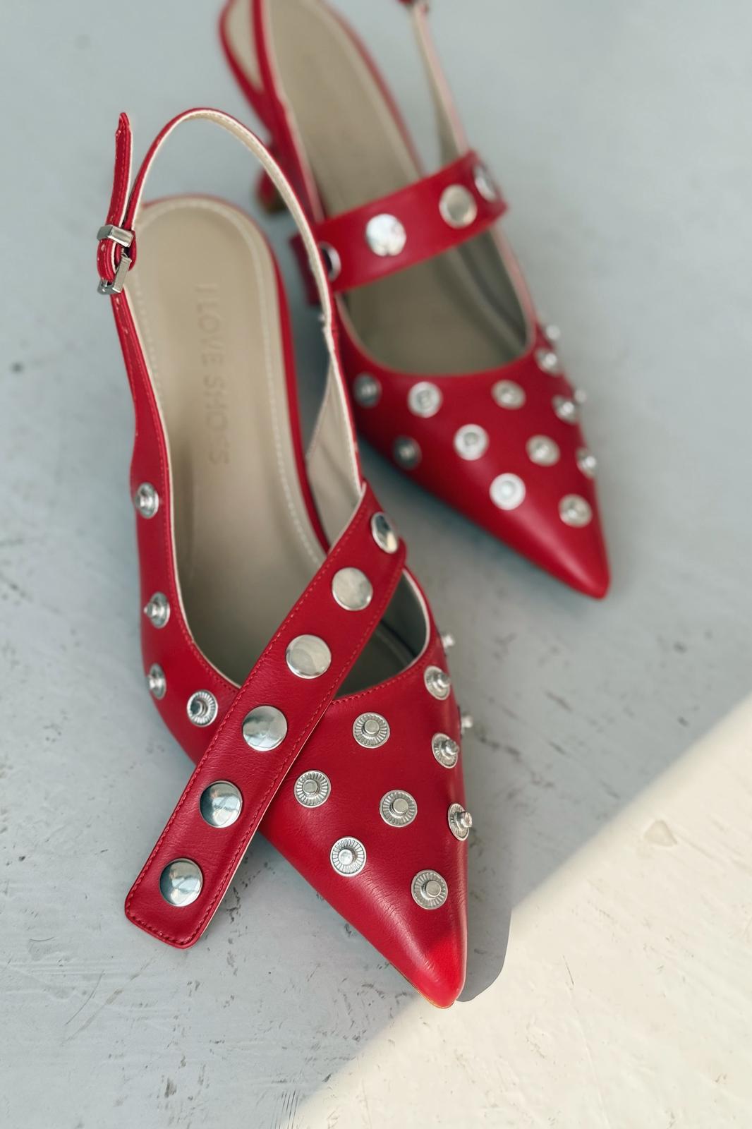Selorin Red Faux Leather Studded Women's Stilettos
