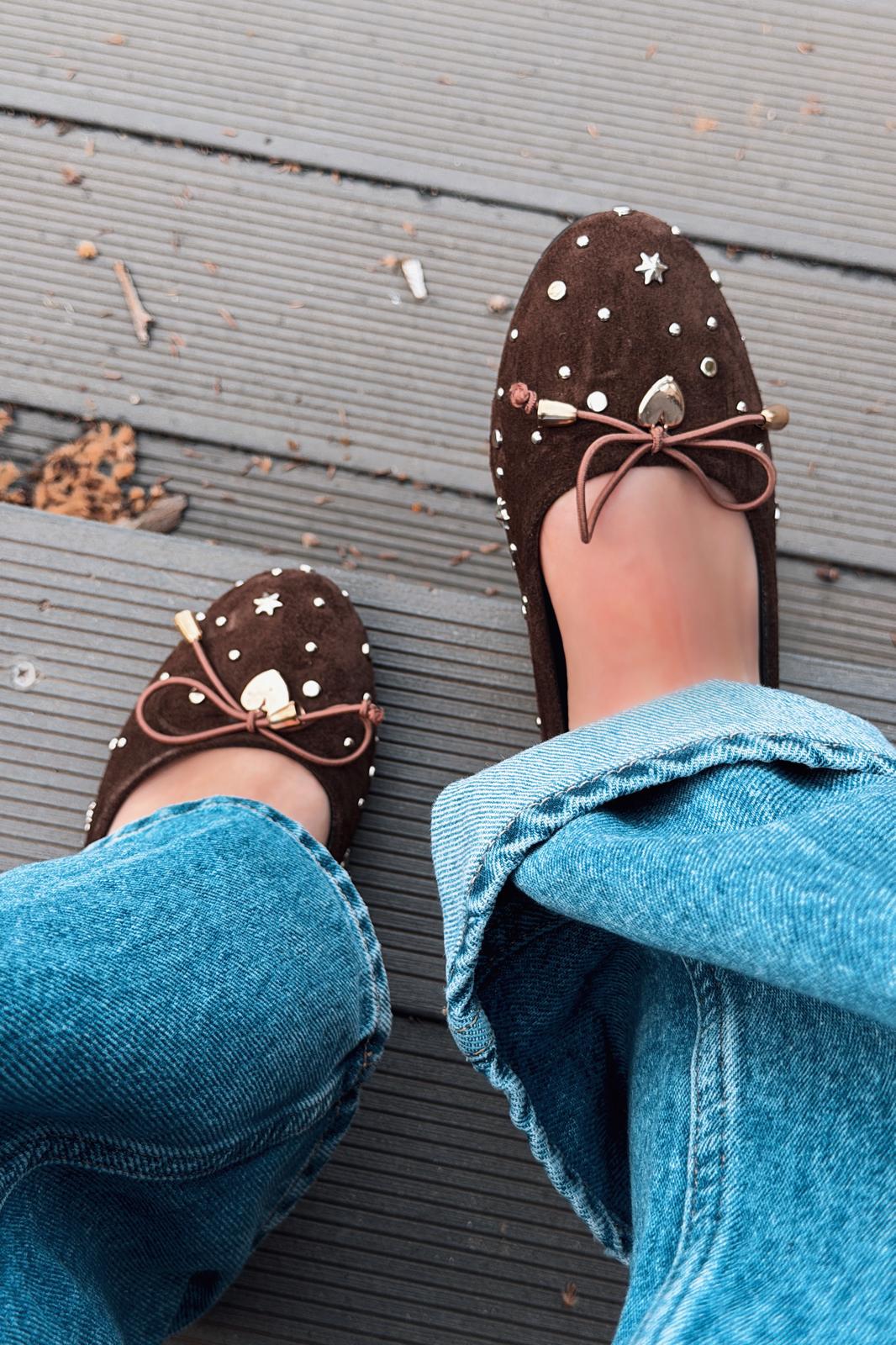 Vessa Dark Brown Genuine Suede Studded Women's Flats