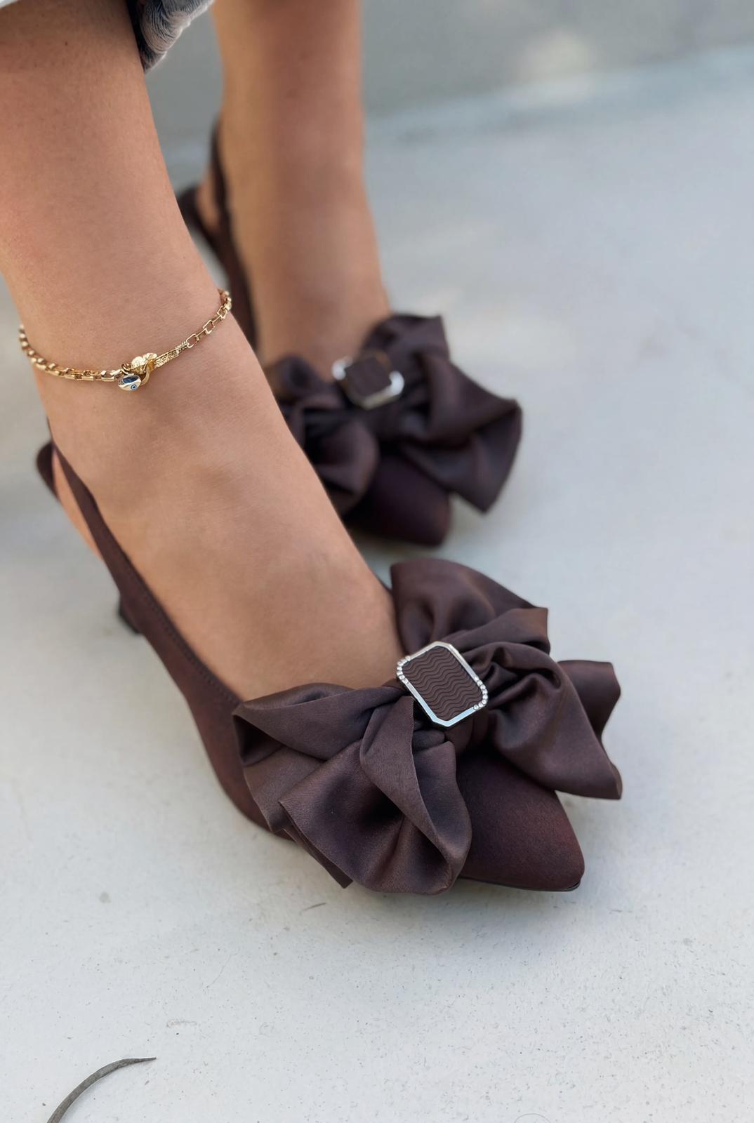 Velune Dark Brown Bow Satin Women's Stilettos