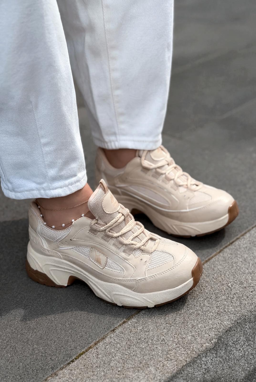 Norser Beige Genuine Leather Women's Sneakers