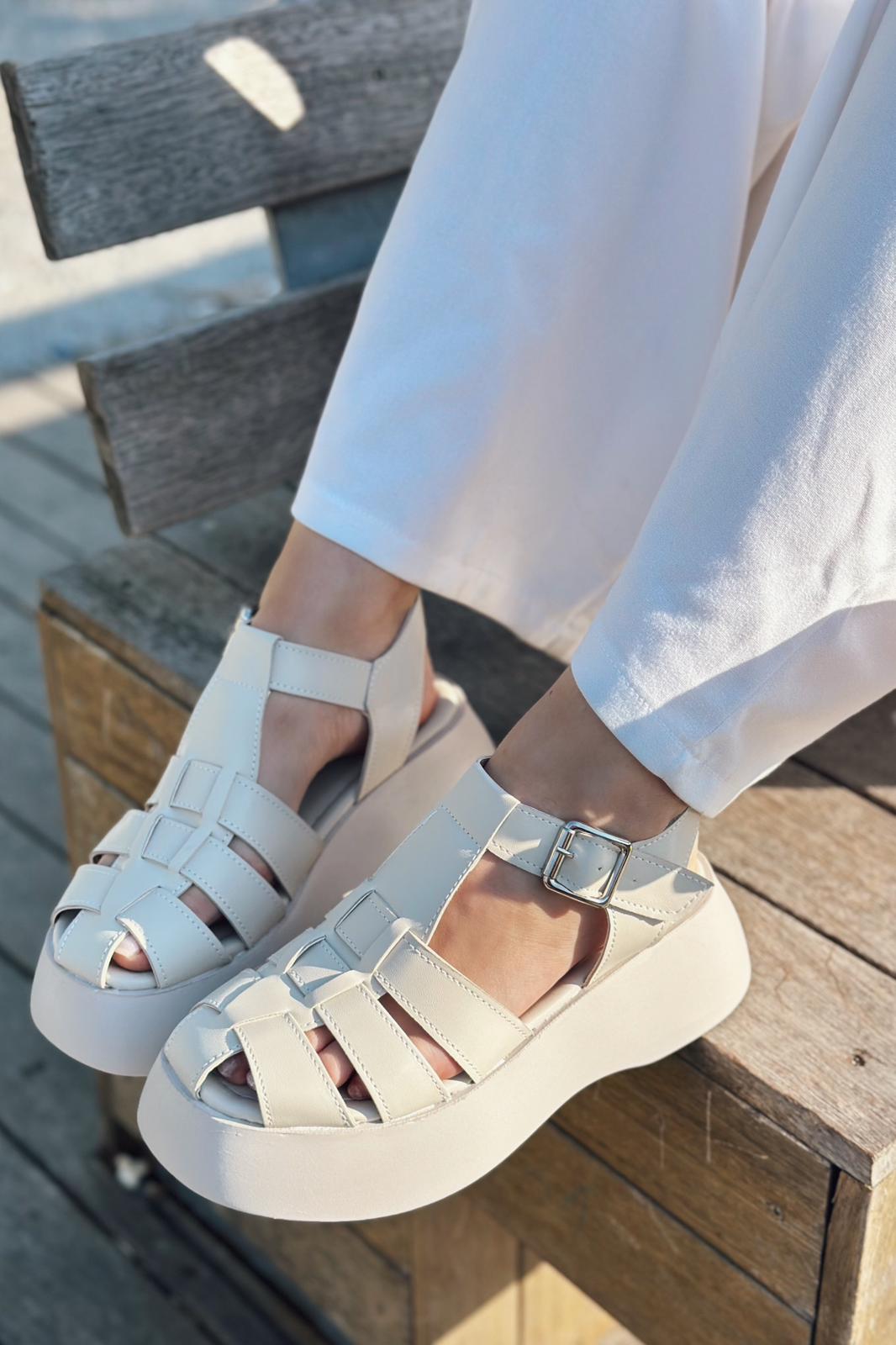 Porens White Faux Leather Platform Women's Sandals