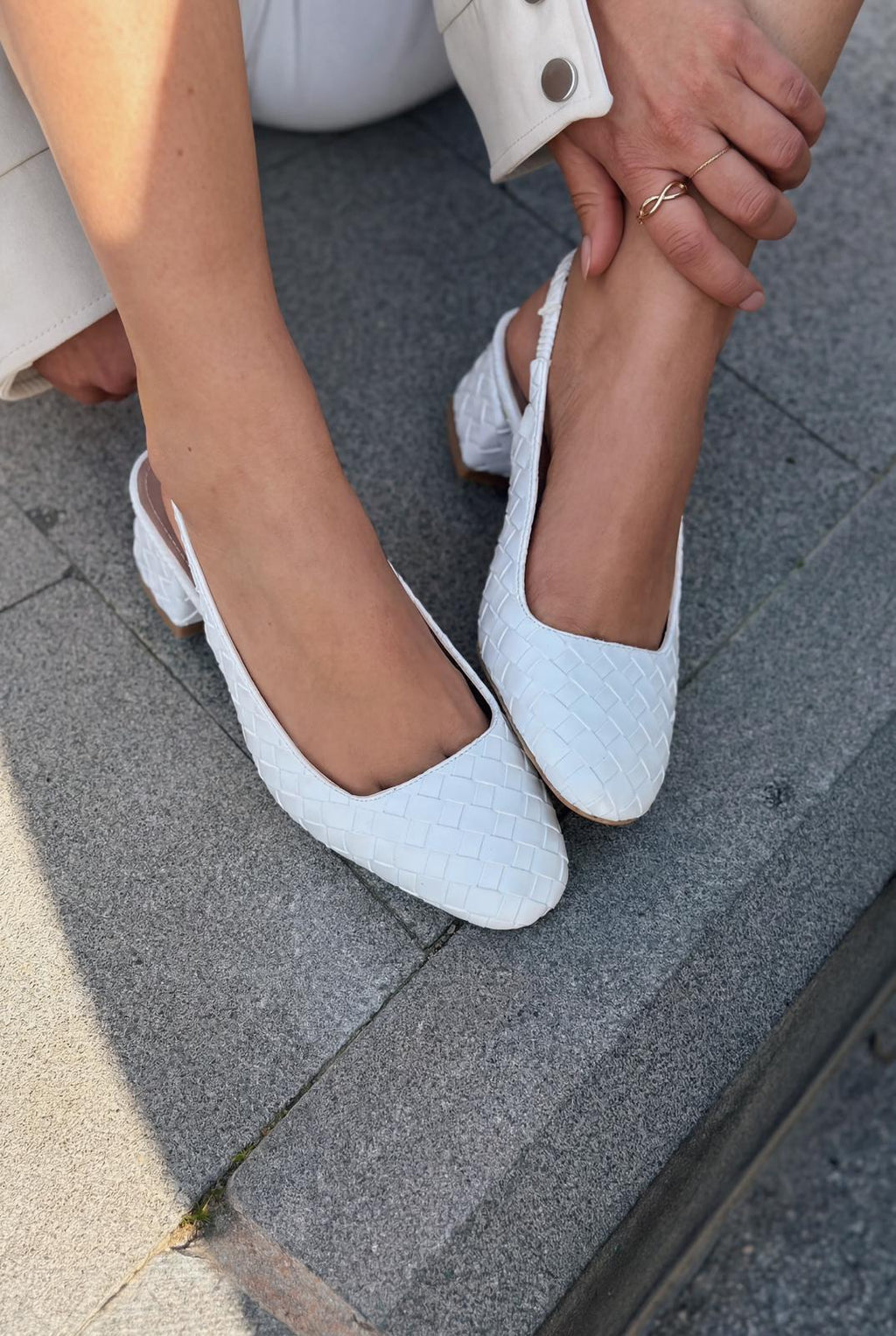 Solen White Faux Leather Woven Detail Women's Mary Jane