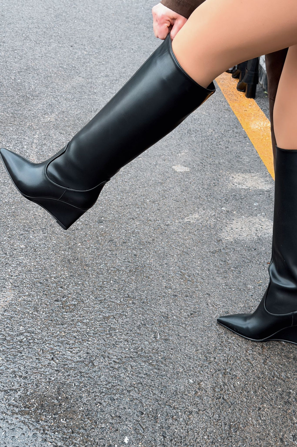 Ravita Black Faux Leather Wedge Heel Boots