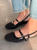 Minor Black Strap Detail Tweed Fabric Women's Mary Jane