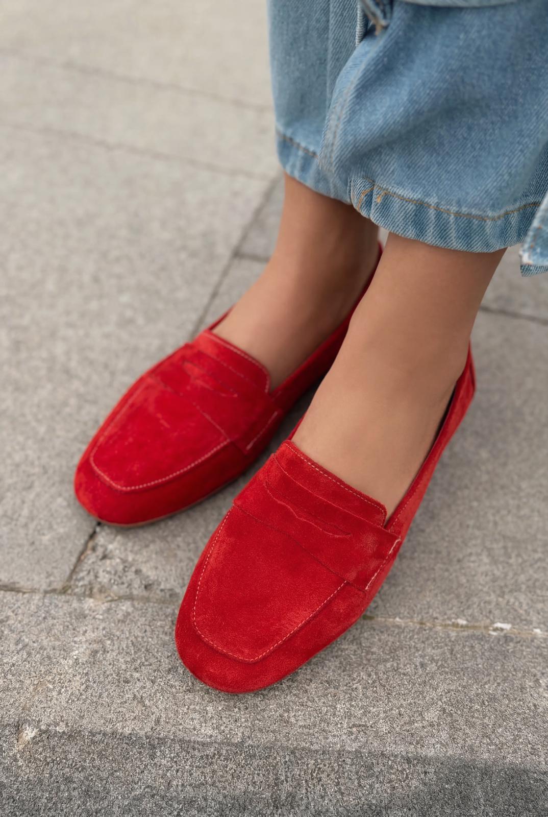 Melniel Red Genuine Suede Women's Loafers