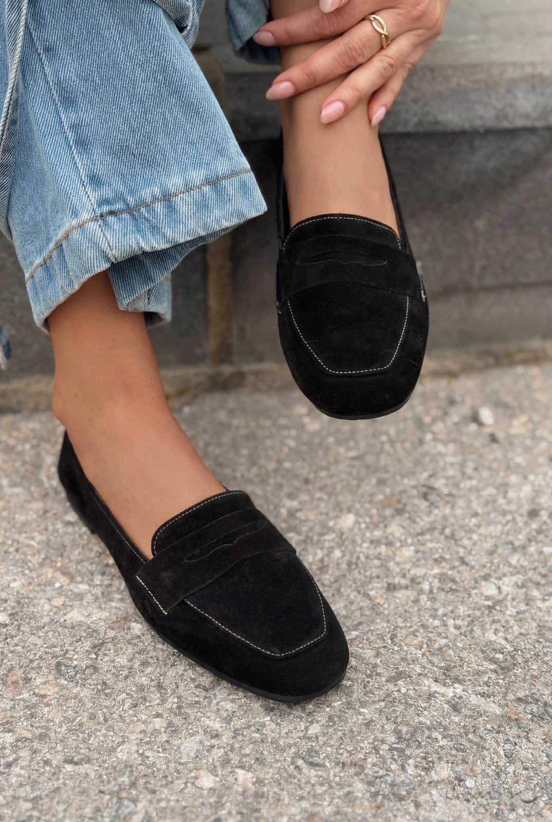 Melniel Black Genuine Suede Women's Loafers