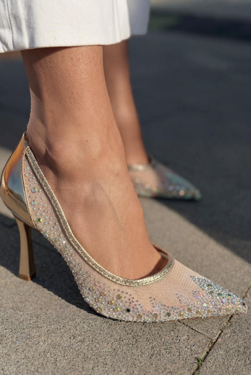 Arivelle Gold Crystal Textile Women's Stilettos