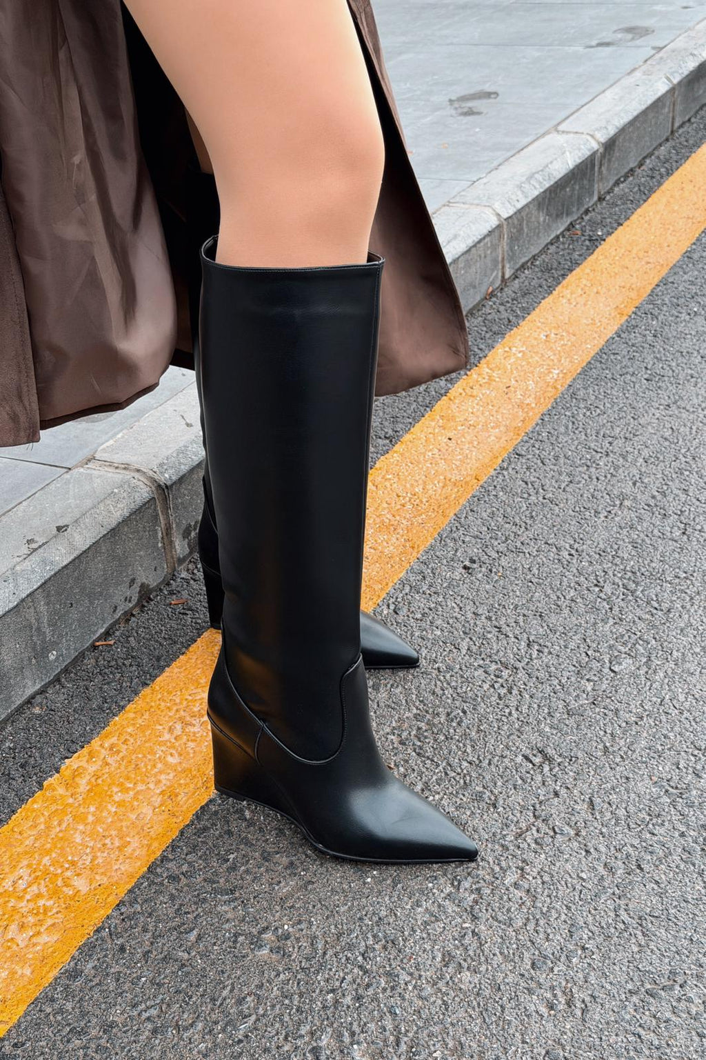 Ravita Black Faux Leather Wedge Heel Boots