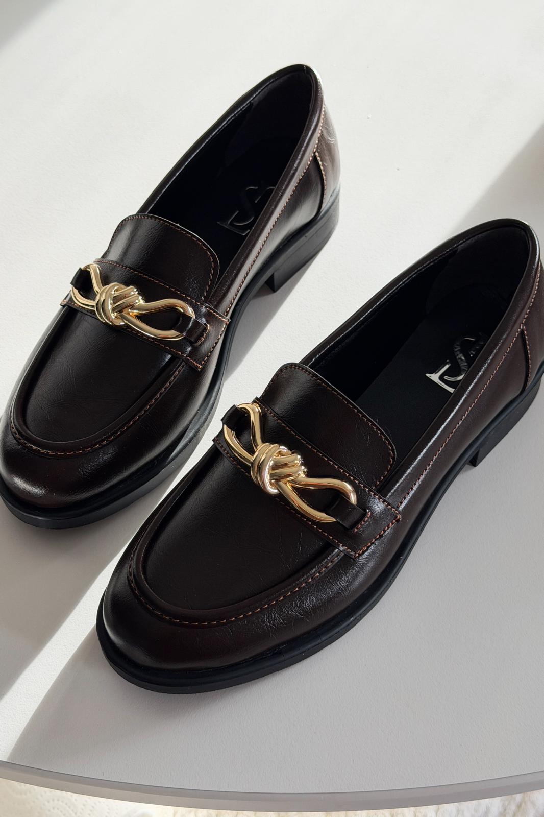 Norel Dark Brown Faux Leather Bow Detail Women's Loafers