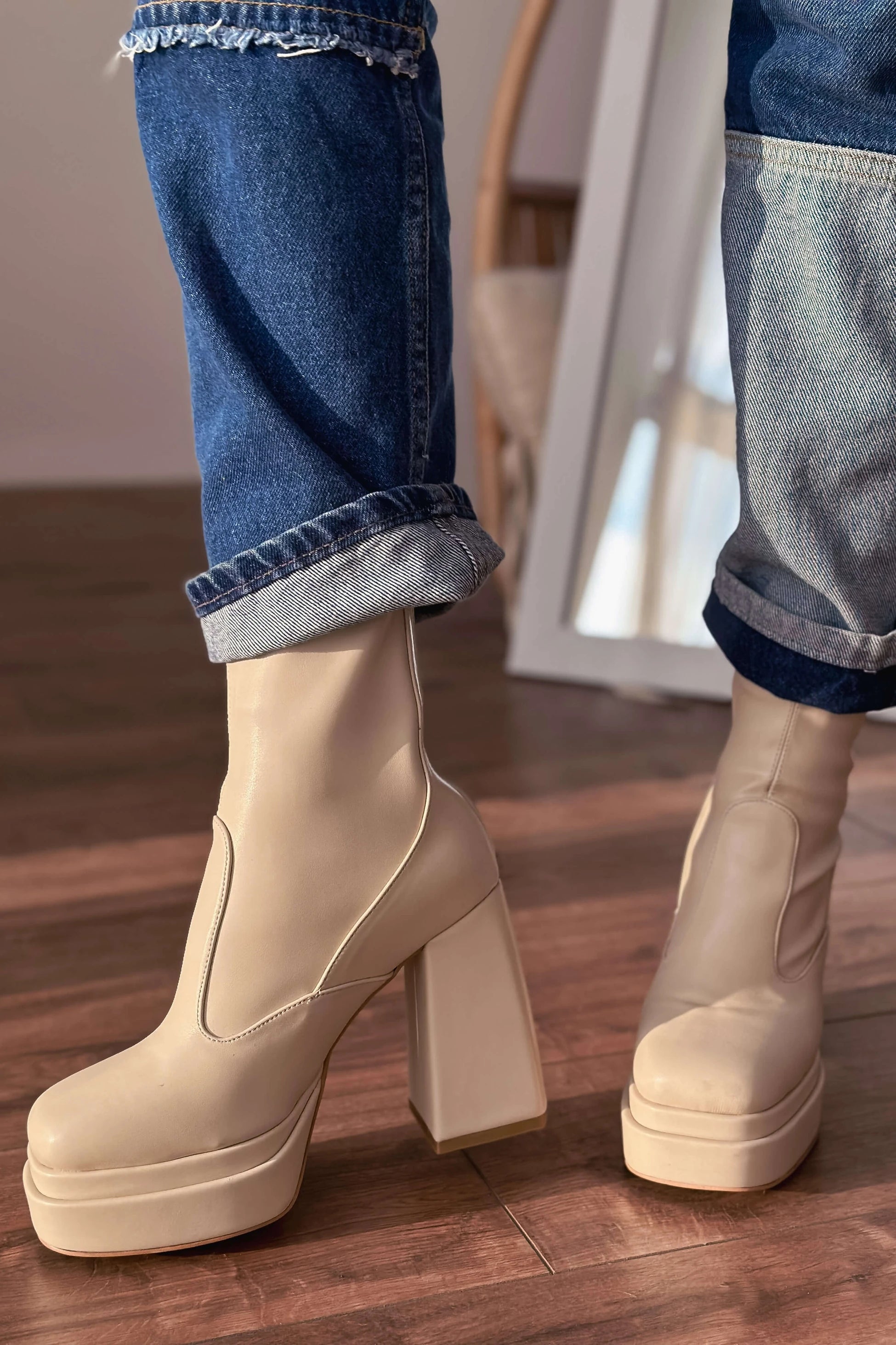 Lestina Beige Stretch Faux Leather Women's Boots