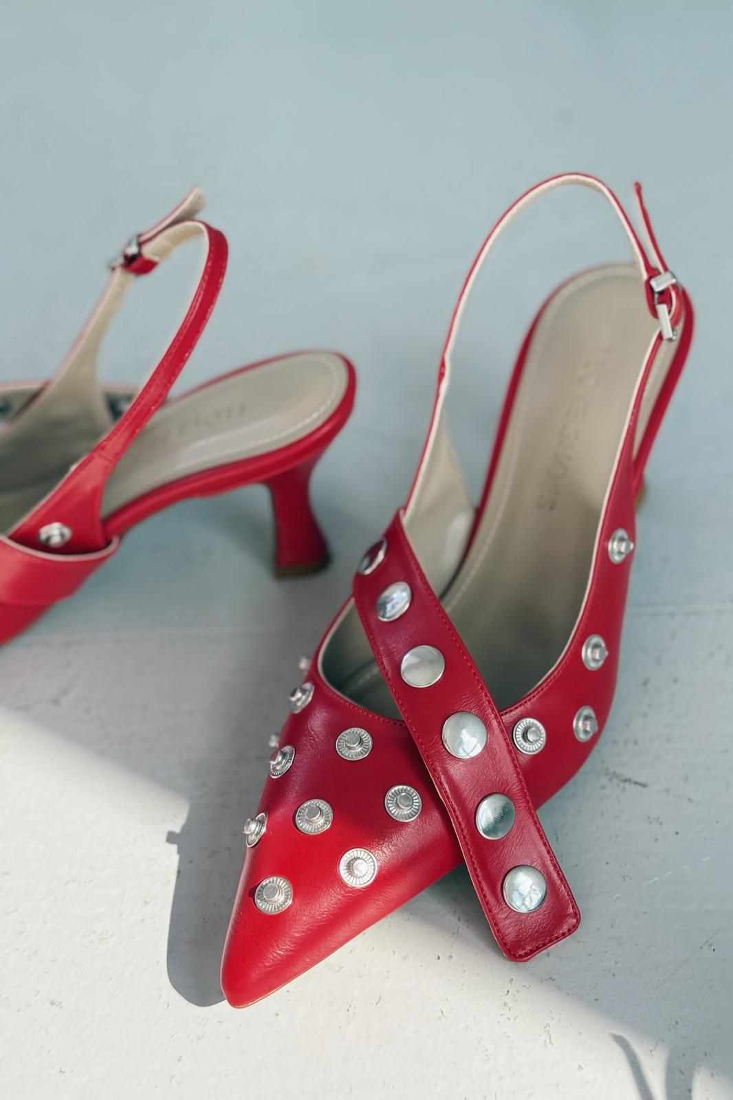 Selorin Red Faux Leather Studded Women's Stilettos