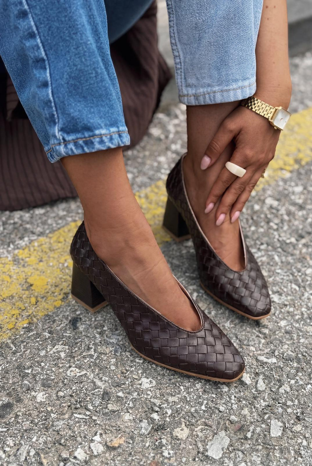 Torben Dark Brown Faux Leather Woven Pattern Women's Pumps