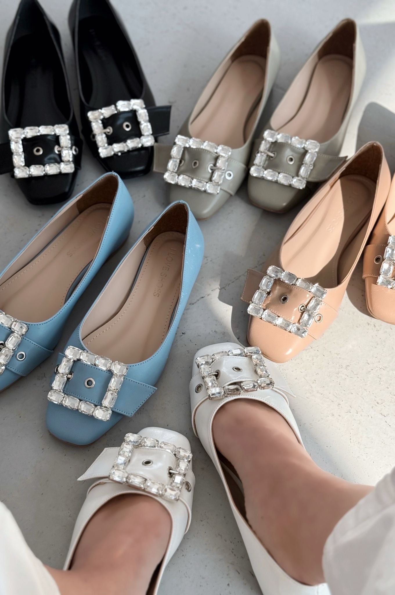 Woned Baby Blue Faux Leather Stone Embellished Women's Flats