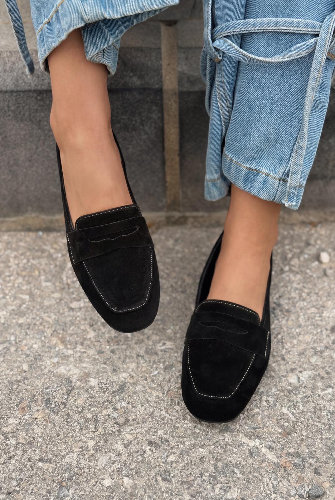 Melniel Black Genuine Suede Women's Loafers