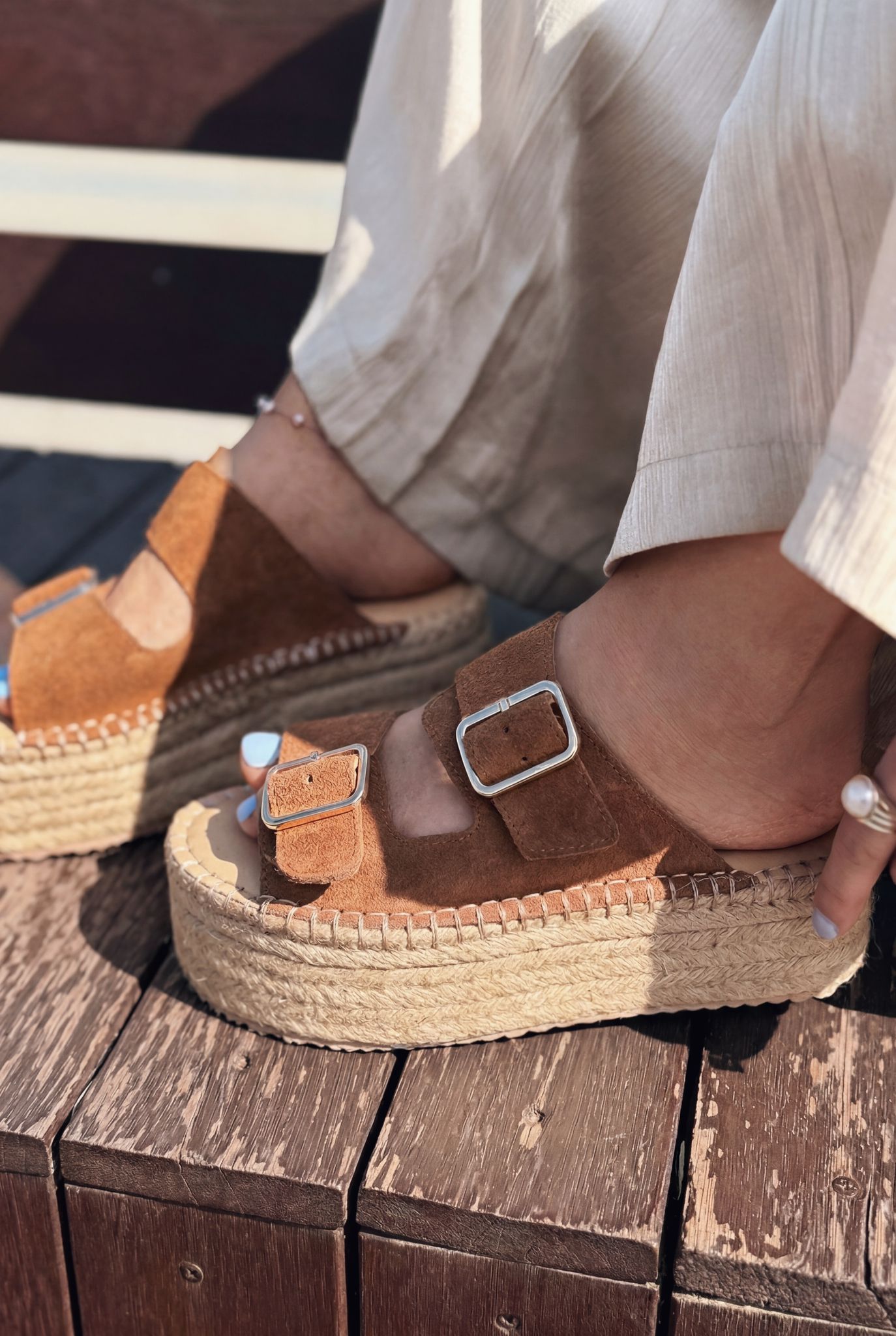 Serinel Tan Genuine Suede Women's Wedge Heel Mules