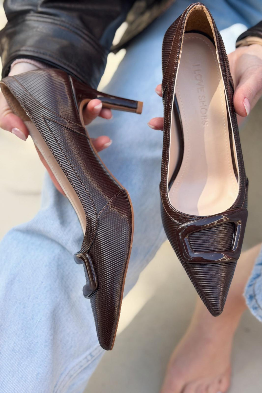 Finrel Light Brown Patent Faux Leather Women's Stilettos