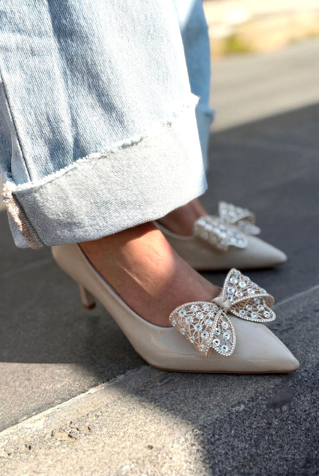 Sorexa Beige Patent Faux Leather Bow Detail Women's Stilettos