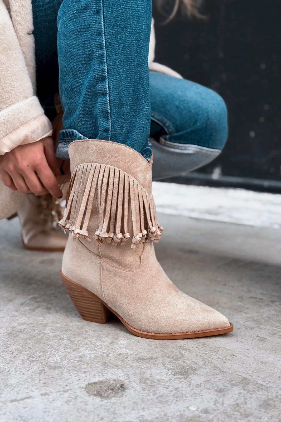 Iserne Beige Suede Fringe Women's Cowboy Boots
