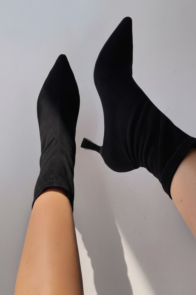 Loravo Black Suede Sock Boots with Slim Heel