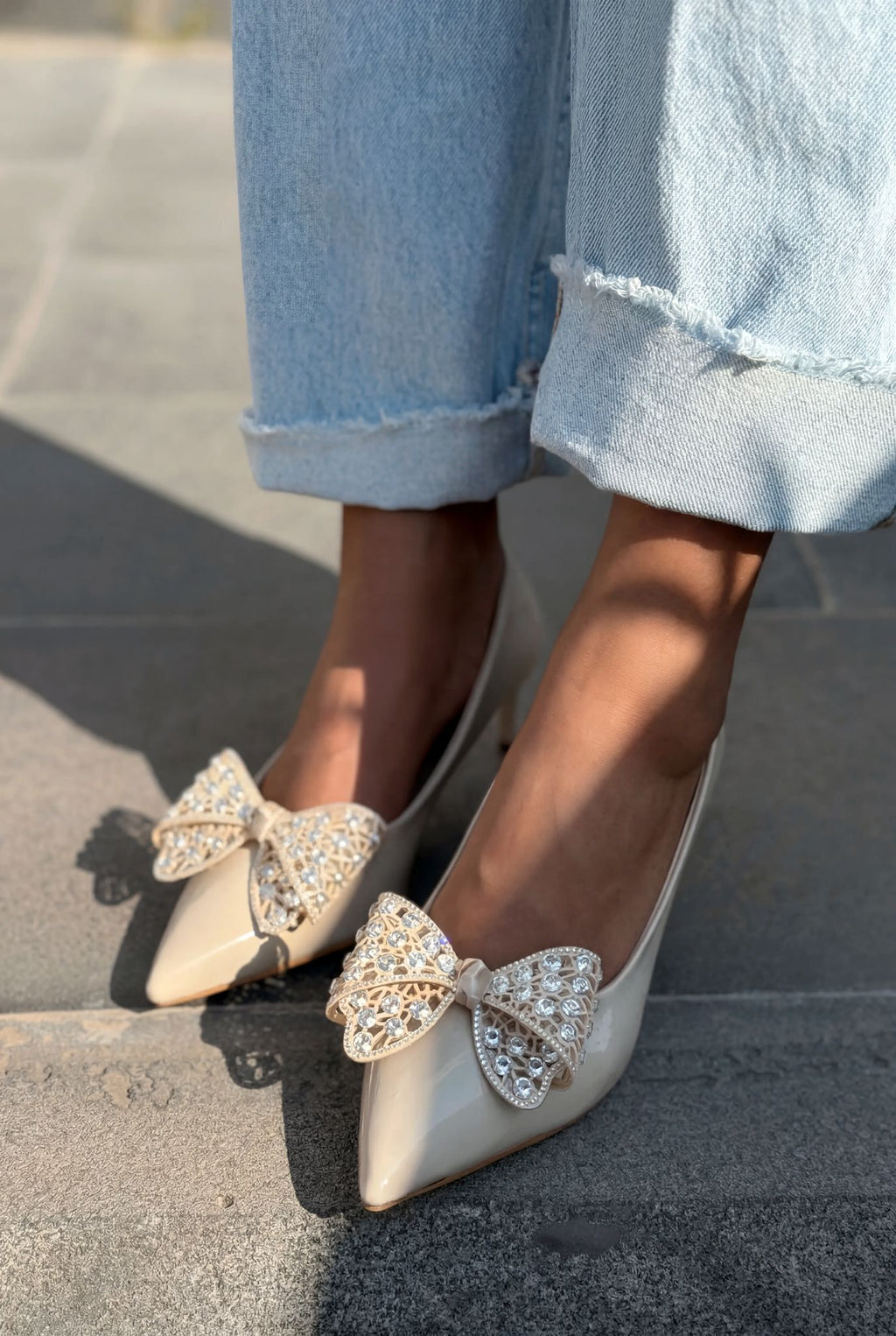 Sorexa Beige Patent Faux Leather Bow Detail Women's Stilettos