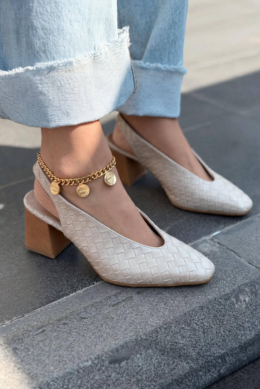 Meladina Beige Woven Pattern Faux Leather Women's Pumps