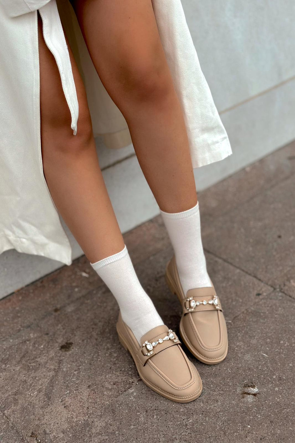 Vitelo Nude Faux Leather Crystal Detail Women's Loafers