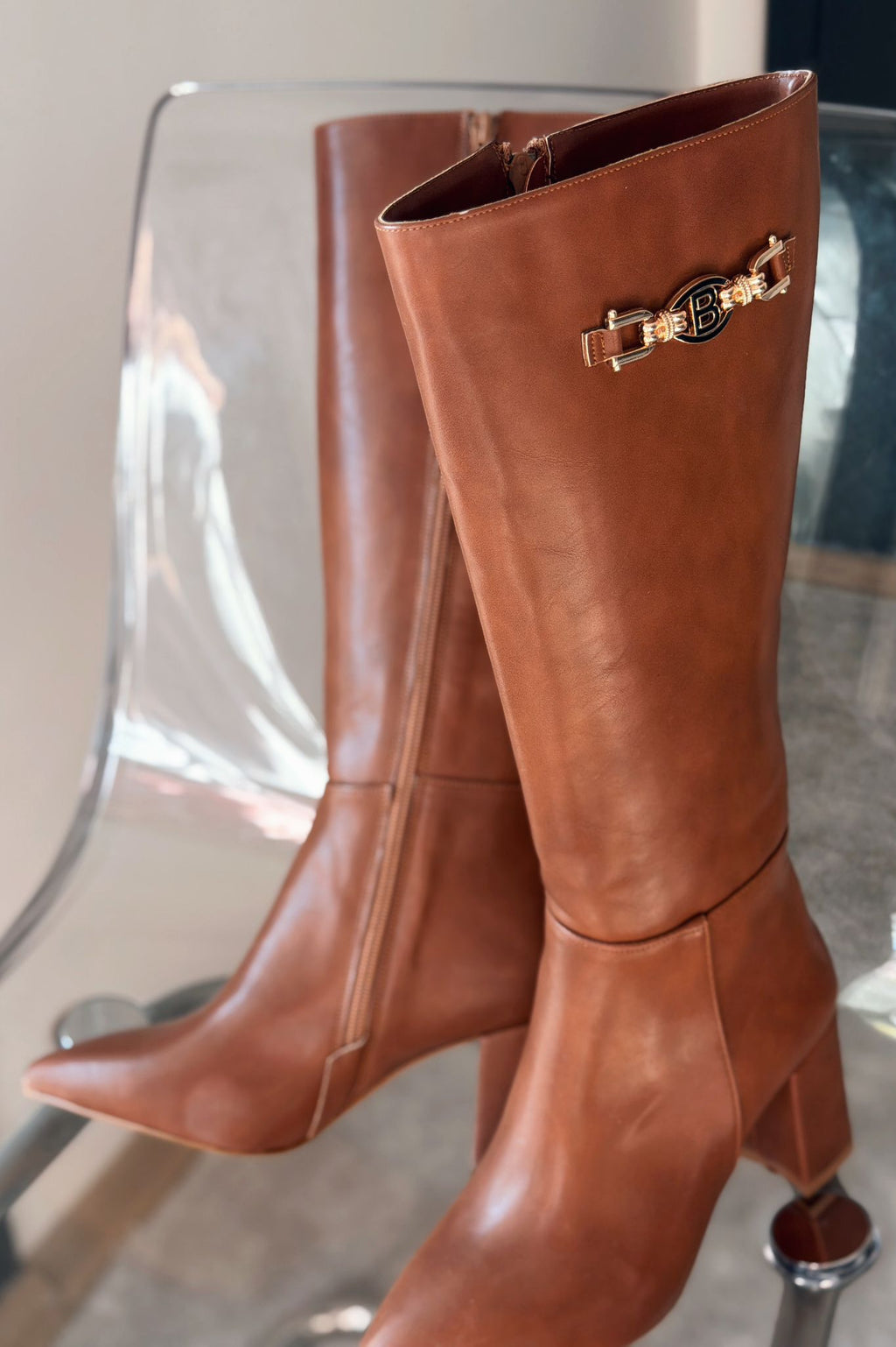 Vivennet Faux Leather Chunky Heel Zip Buckle Detail Tan Women's Boots