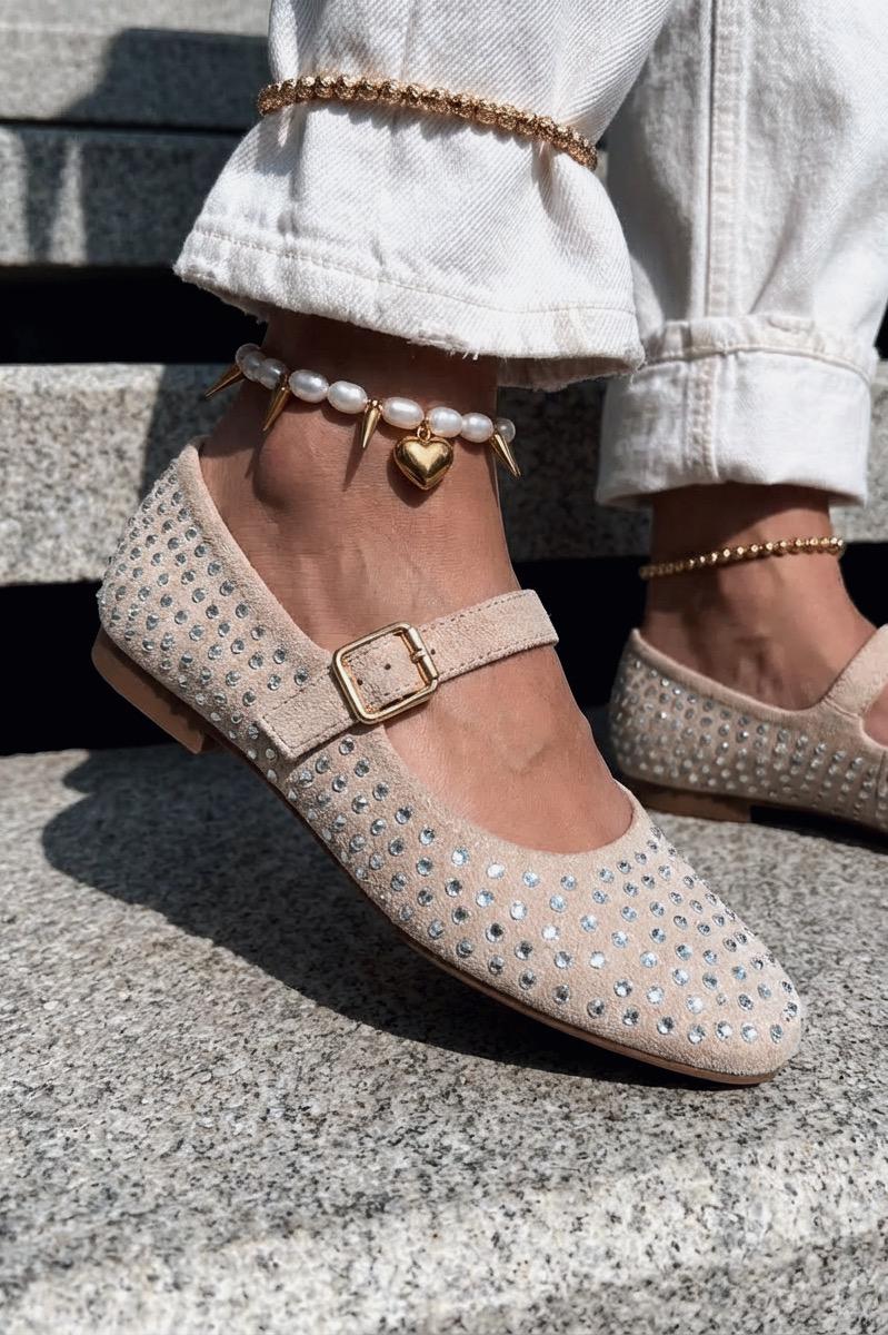 Orion Beige Suede Stone-Embellished Women's Flats