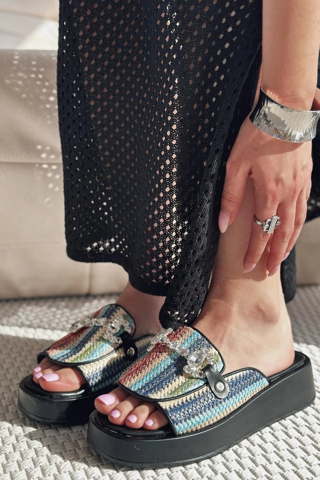Nilossa Black Faux Leather Stone-Embellished Women's Slides